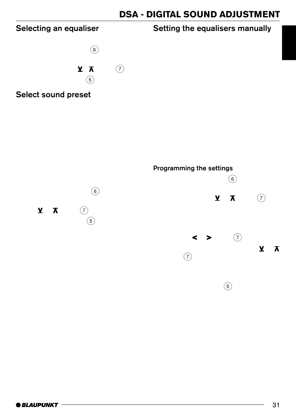 Dsa - digital sound adjustment, Selecting an equaliser, Select sound preset | Setting the equalisers manually | Blaupunkt SAN FRANCISCO CD70 User Manual | Page 31 / 38