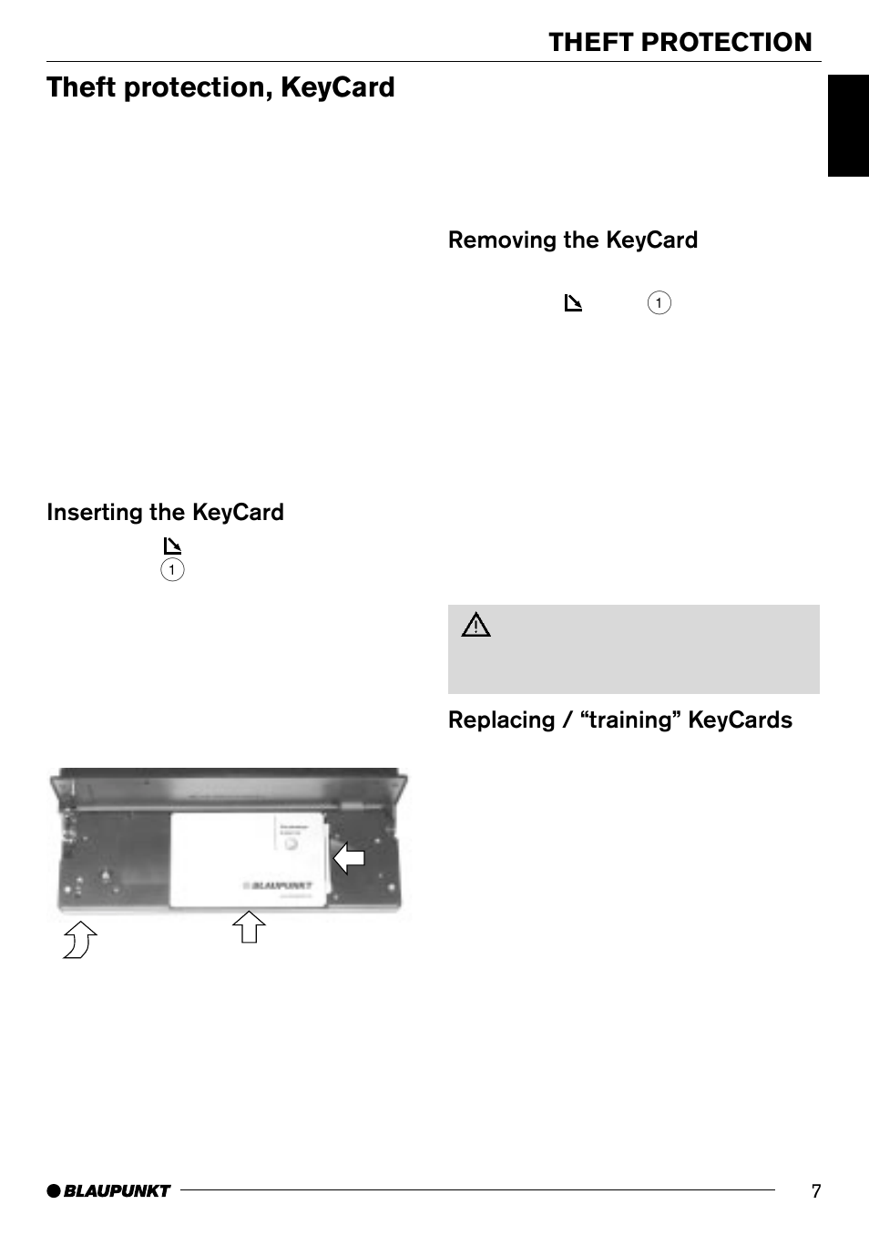 Theft protection, keycard, Theft protection, Removing the keycard | Replacing / “training” keycards, Inserting the keycard | Blaupunkt SAN FRANCISCO CD70 User Manual | Page 7 / 38