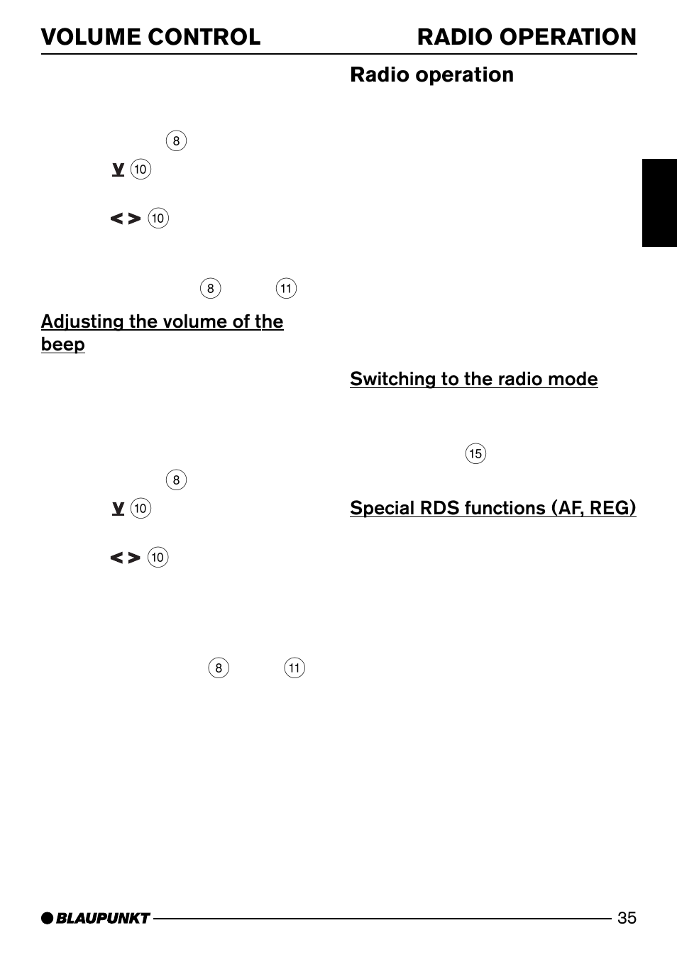 Volume control radio operation, Radio operation, Adjusting the volume of the beep | Switching to the radio mode, Special rds functions (af, reg) | Blaupunkt HEIDELBERG CD50 User Manual | Page 10 / 29
