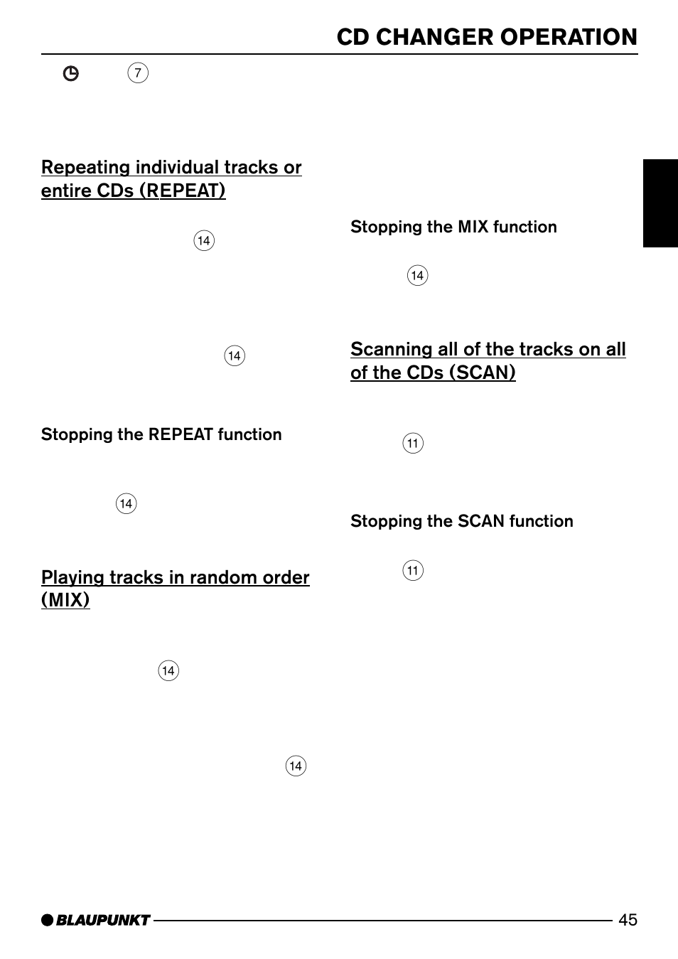 Cd changer operation, Repeating individual tracks or entire cds (repeat), Playing tracks in random order (mix) | Blaupunkt HEIDELBERG CD50 User Manual | Page 20 / 29
