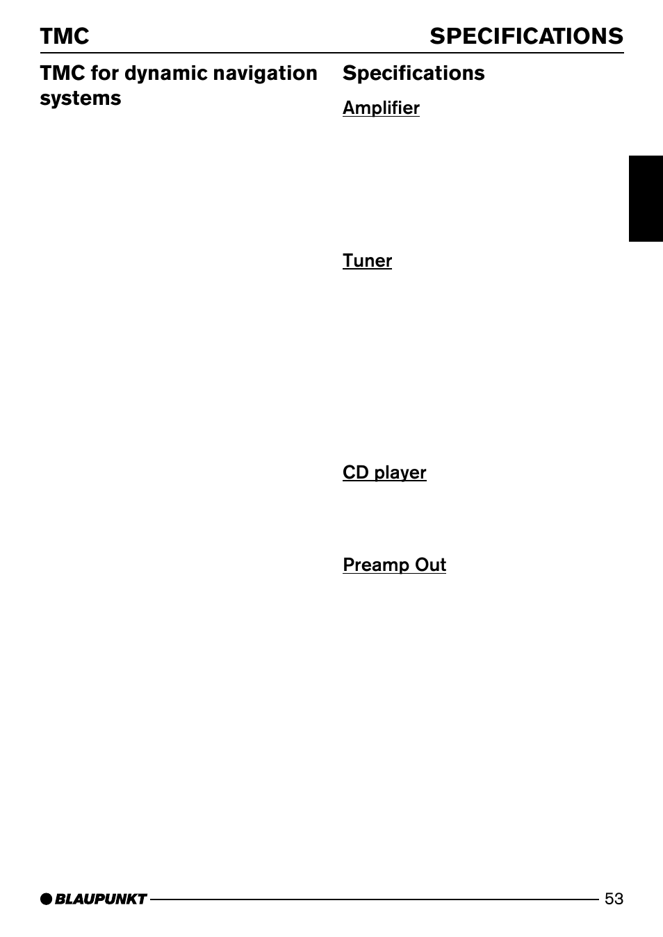 Specifications, Tmc for dynamic navigation systems, Amplifier | Tuner, Cd player, Preamp out | Blaupunkt HEIDELBERG CD50 User Manual | Page 28 / 29