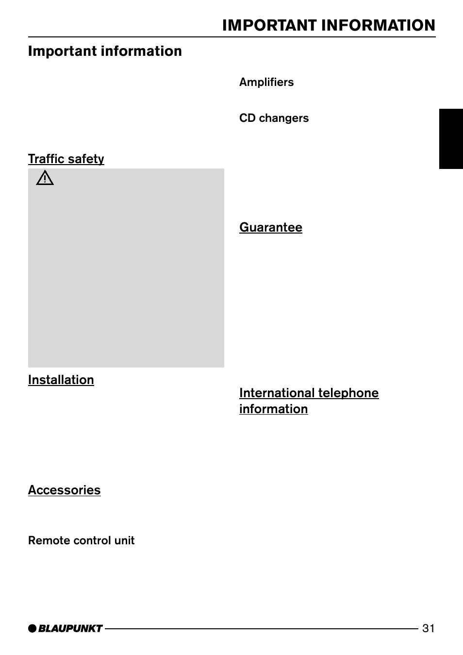 Important information, Traffic safety, Installation | Accessories, Guarantee, International telephone information | Blaupunkt HEIDELBERG CD50 User Manual | Page 6 / 29