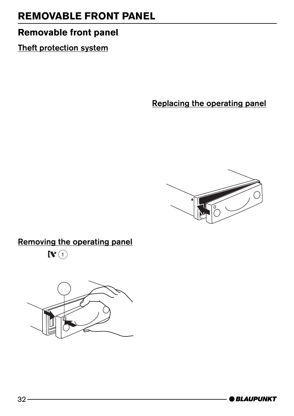 Removable front panel, Theft protection system, Removing the operating panel | Replacing the operating panel | Blaupunkt HEIDELBERG CD50 User Manual | Page 7 / 29