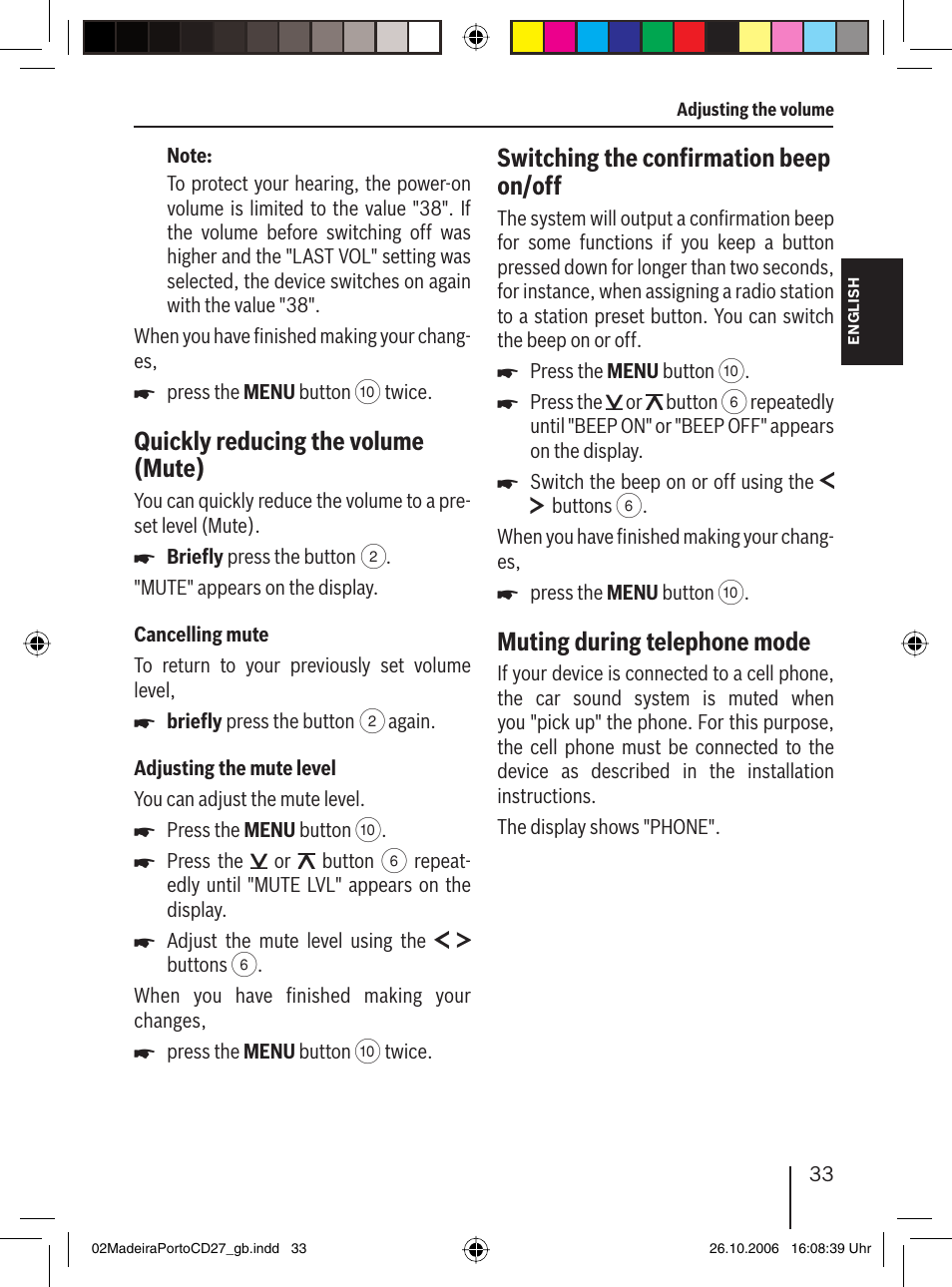 Quickly reducing the volume (mute), Switching the conﬁ rmation beep on/off, Muting during telephone mode | Blaupunkt 7 647 482 310 User Manual | Page 10 / 26