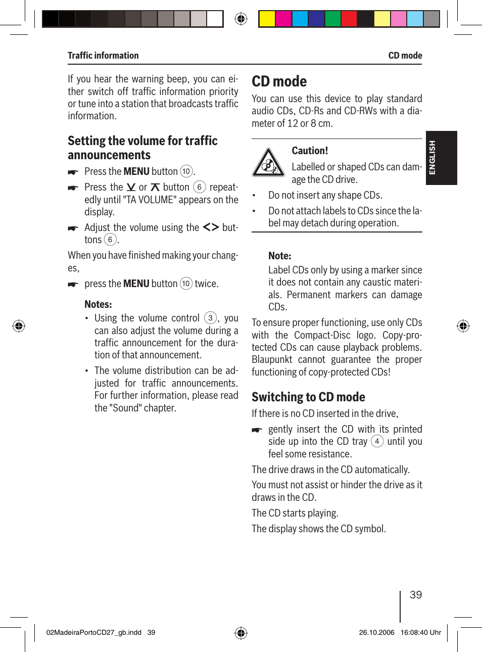 Cd mode, Setting the volume for trafﬁ c announcements, Switching to cd mode | Blaupunkt 7 647 482 310 User Manual | Page 16 / 26