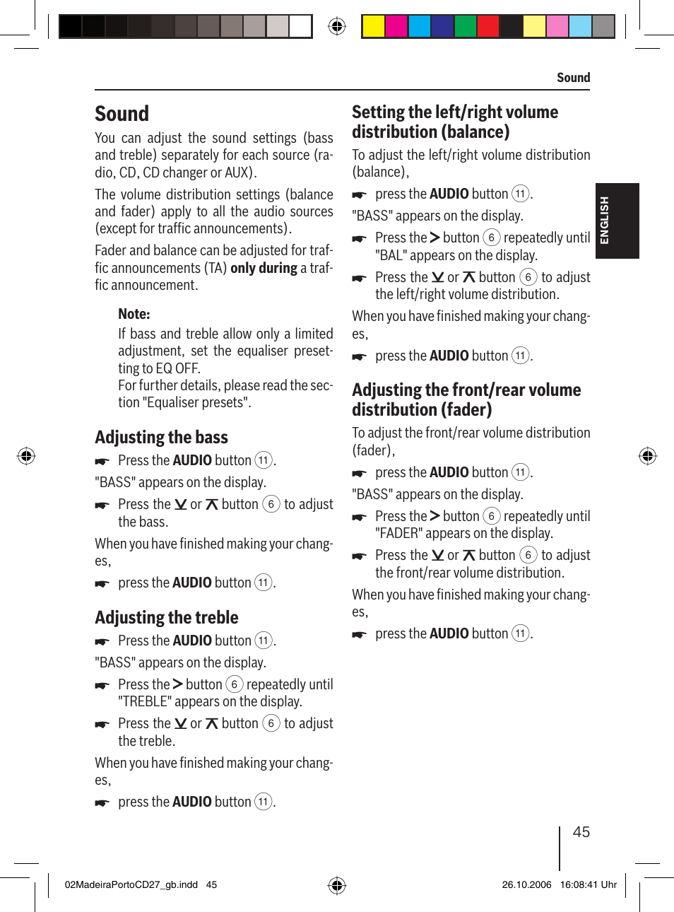 Sound, Adjusting the bass, Adjusting the treble | Blaupunkt 7 647 482 310 User Manual | Page 22 / 26