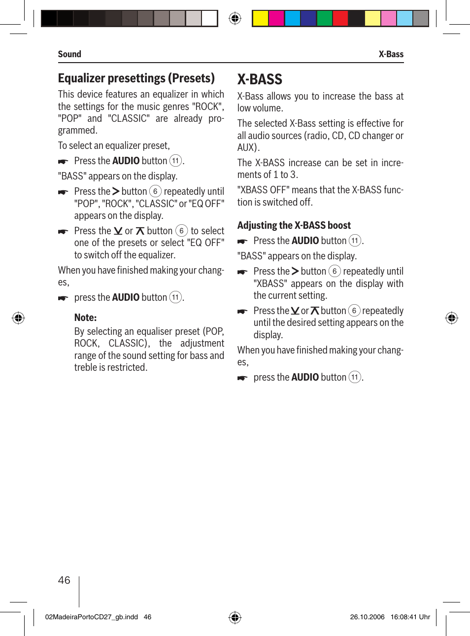 X-bass, Equalizer presettings (presets) | Blaupunkt 7 647 482 310 User Manual | Page 23 / 26