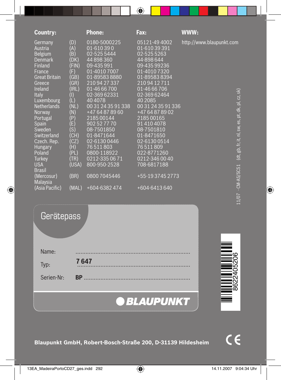 Gerätepass | Blaupunkt 7 647 482 310 User Manual | Page 26 / 26