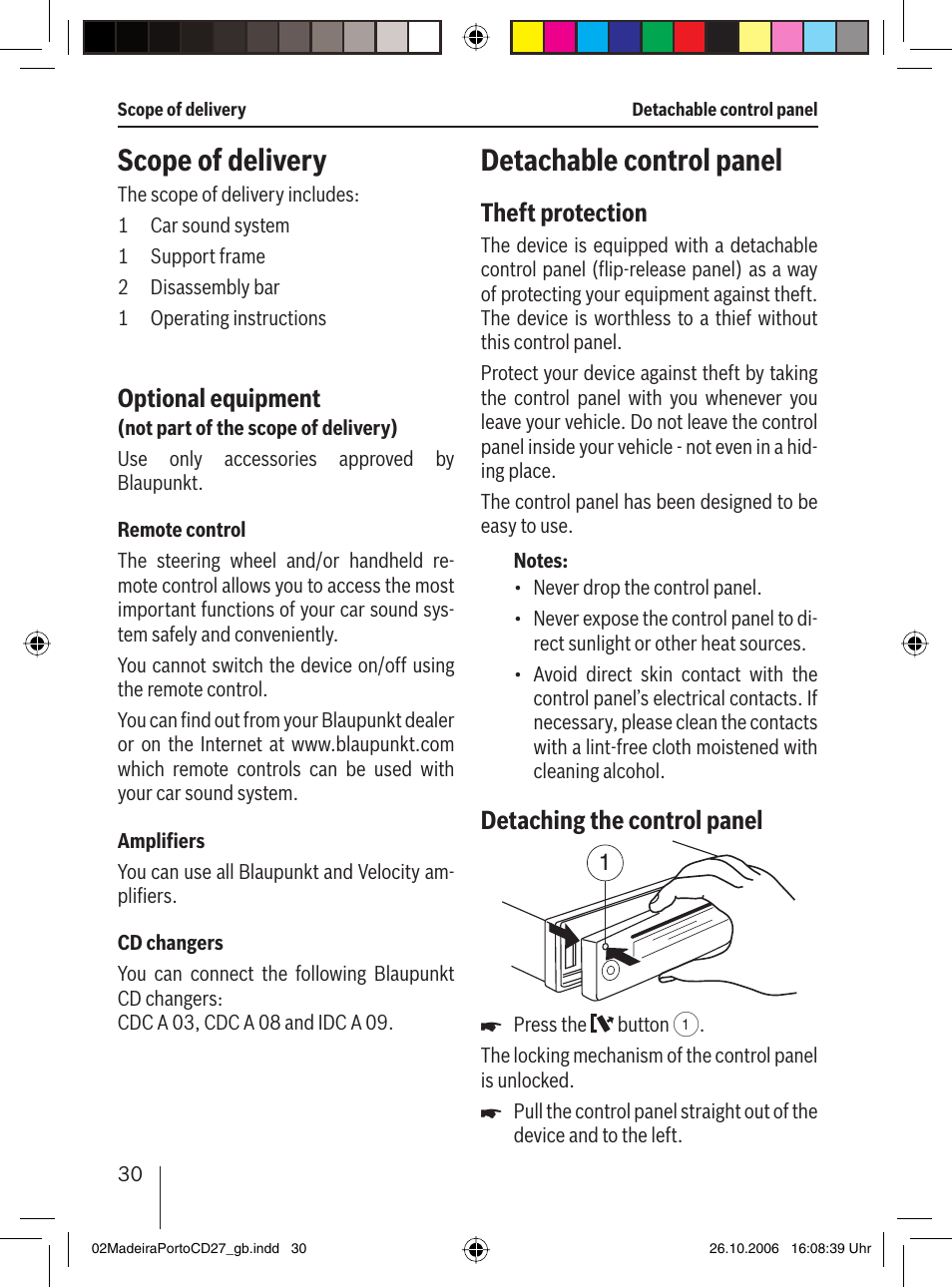 Scope of delivery, Detachable control panel, Optional equipment | Theft protection, Detaching the control panel | Blaupunkt 7 647 482 310 User Manual | Page 7 / 26