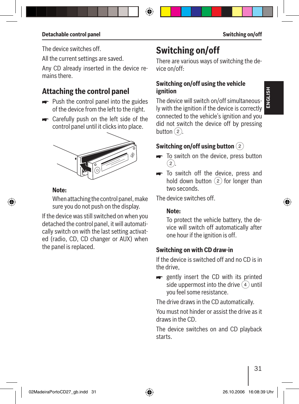 Switching on/off, Attaching the control panel | Blaupunkt 7 647 482 310 User Manual | Page 8 / 26