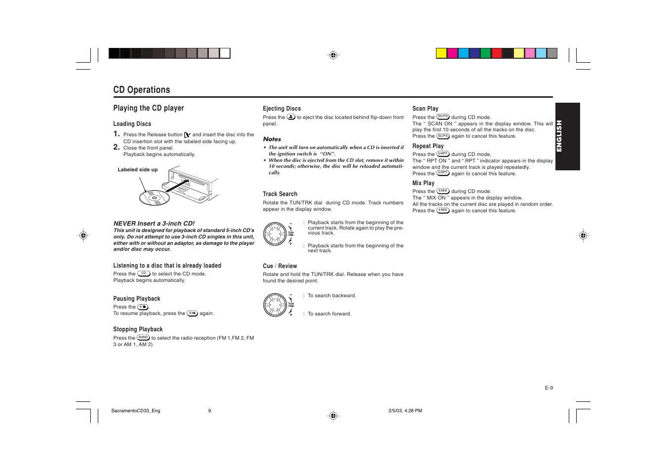 Cd operations, Playing the cd player | Blaupunkt Sacramento CD33 User Manual | Page 10 / 65