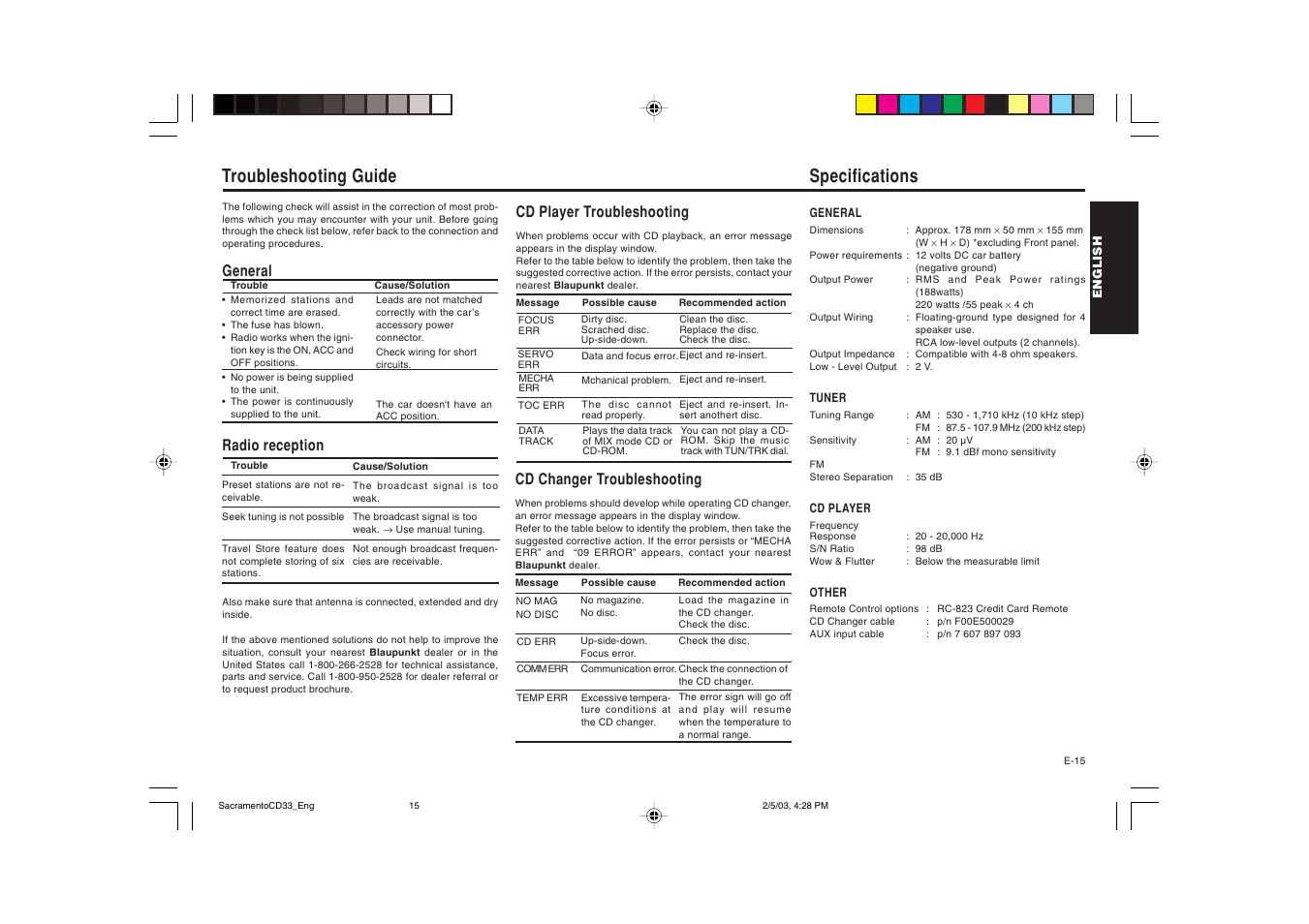 Specifications, Troubleshooting guide, General radio reception | Cd player troubleshooting, Cd changer troubleshooting | Blaupunkt Sacramento CD33 User Manual | Page 16 / 65