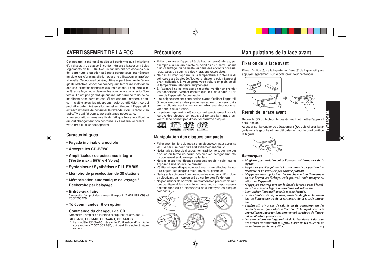 Précautions, Avertissement de la fcc, Manipulations de la face avant | Blaupunkt Sacramento CD33 User Manual | Page 18 / 65