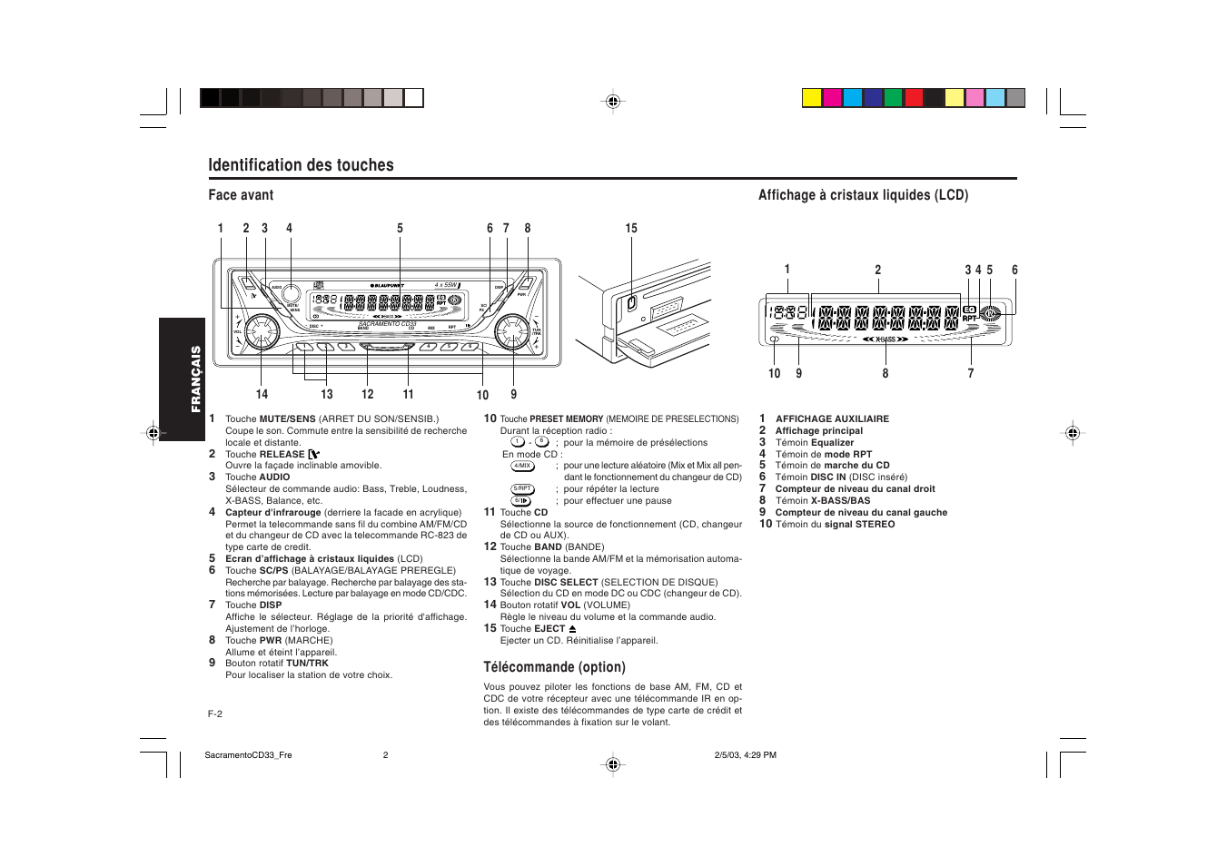 Identification des touches, Télécommande (option), Face avant affichage à cristaux liquides (lcd) | Blaupunkt Sacramento CD33 User Manual | Page 19 / 65