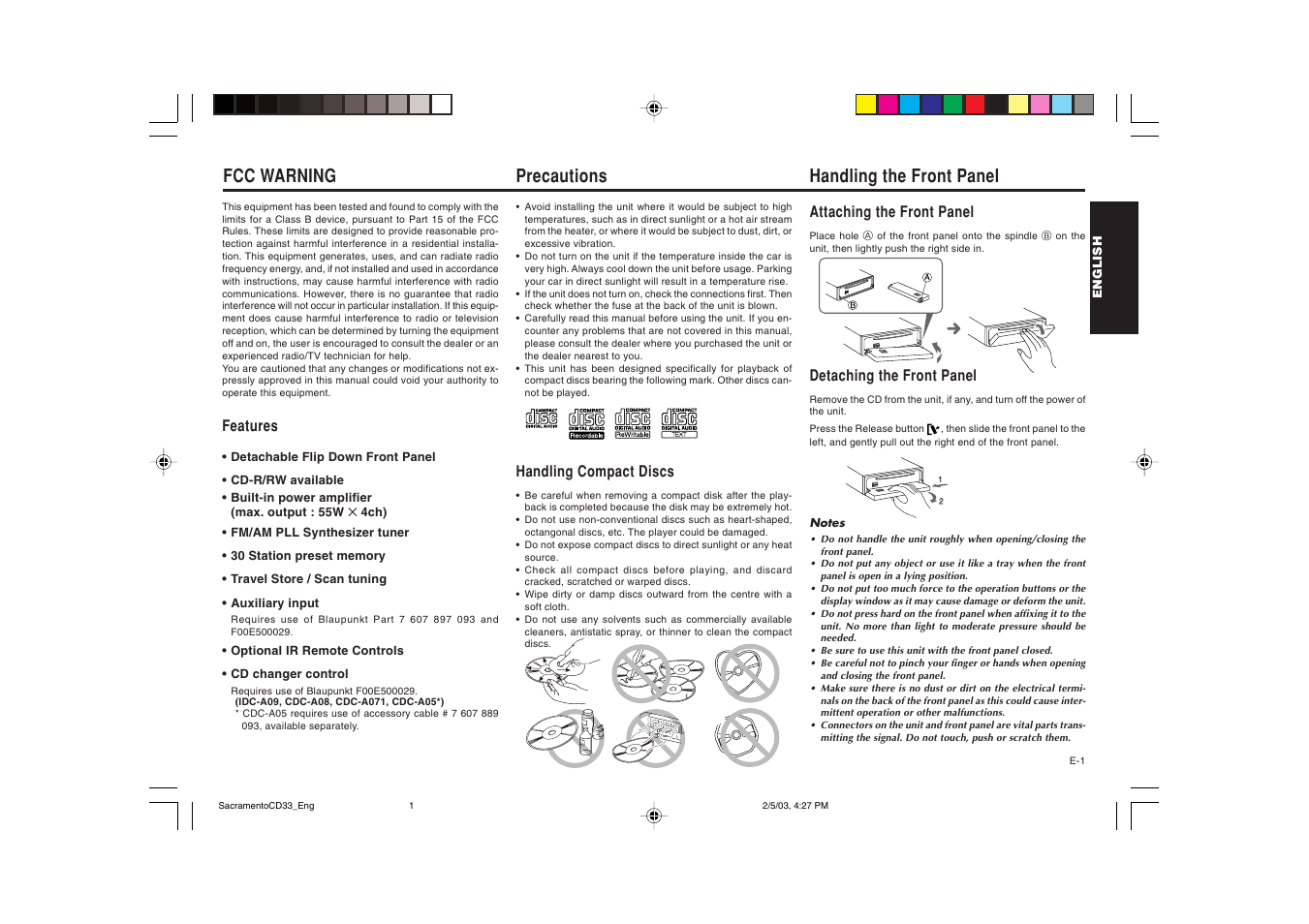 Precautions, Fcc warning, Handling the front panel | Blaupunkt Sacramento CD33 User Manual | Page 2 / 65