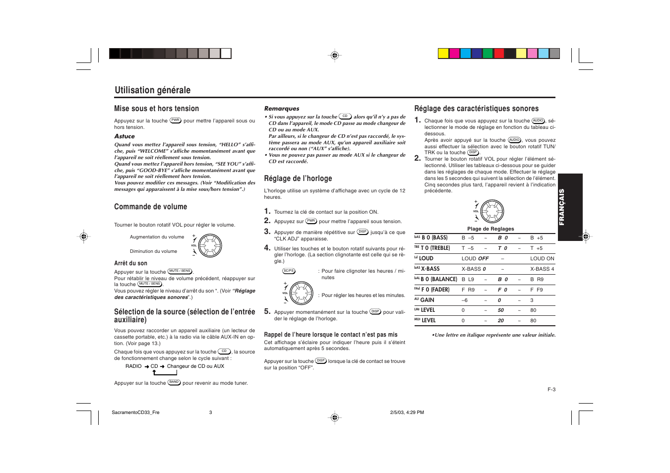 Utilisation générale, Mise sous et hors tension, Commande de volume | Réglage de l’horloge, Réglage des caractéristiques sonores 1 | Blaupunkt Sacramento CD33 User Manual | Page 20 / 65