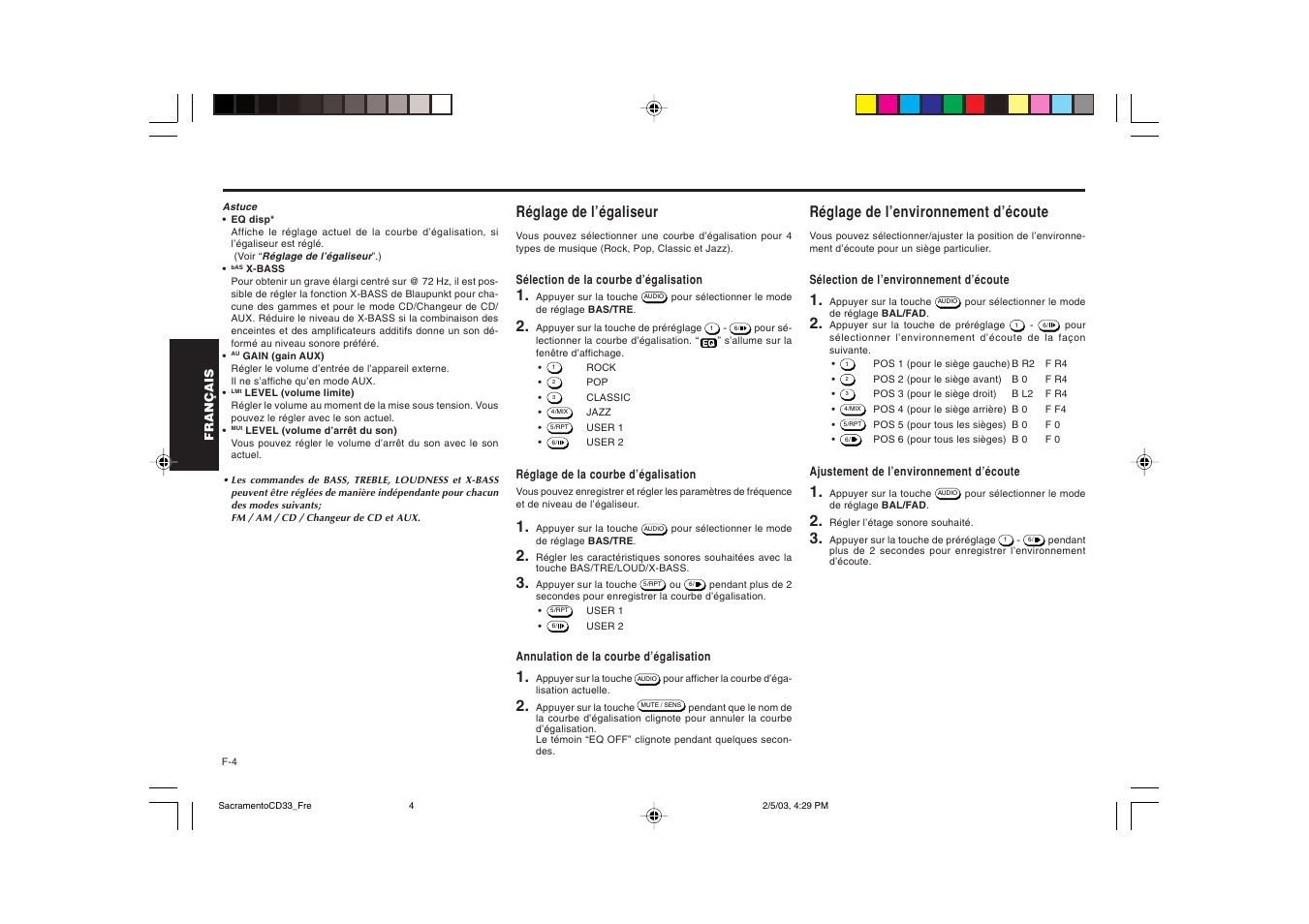 Réglage de l’égaliseur, Réglage de l’environnement d’écoute | Blaupunkt Sacramento CD33 User Manual | Page 21 / 65