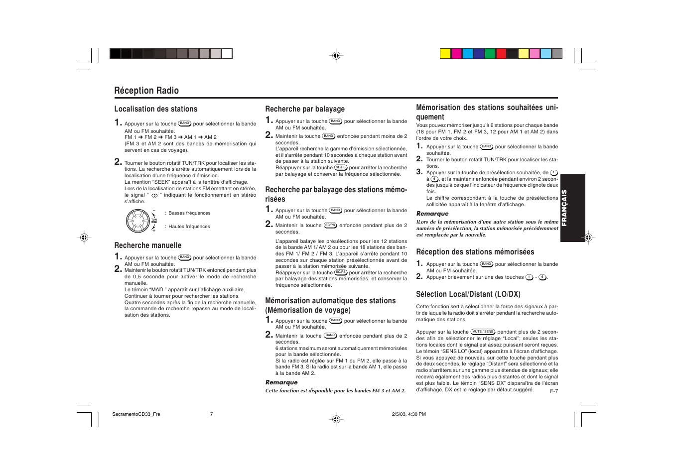 Réception radio, Mémorisation des stations souhaitées uni- quement, Réception des stations mémorisées 1 | Sélection local/distant (lo/dx), Recherche par balayage, Recherche par balayage des stations mémo- risées, Localisation des stations, Recherche manuelle | Blaupunkt Sacramento CD33 User Manual | Page 24 / 65