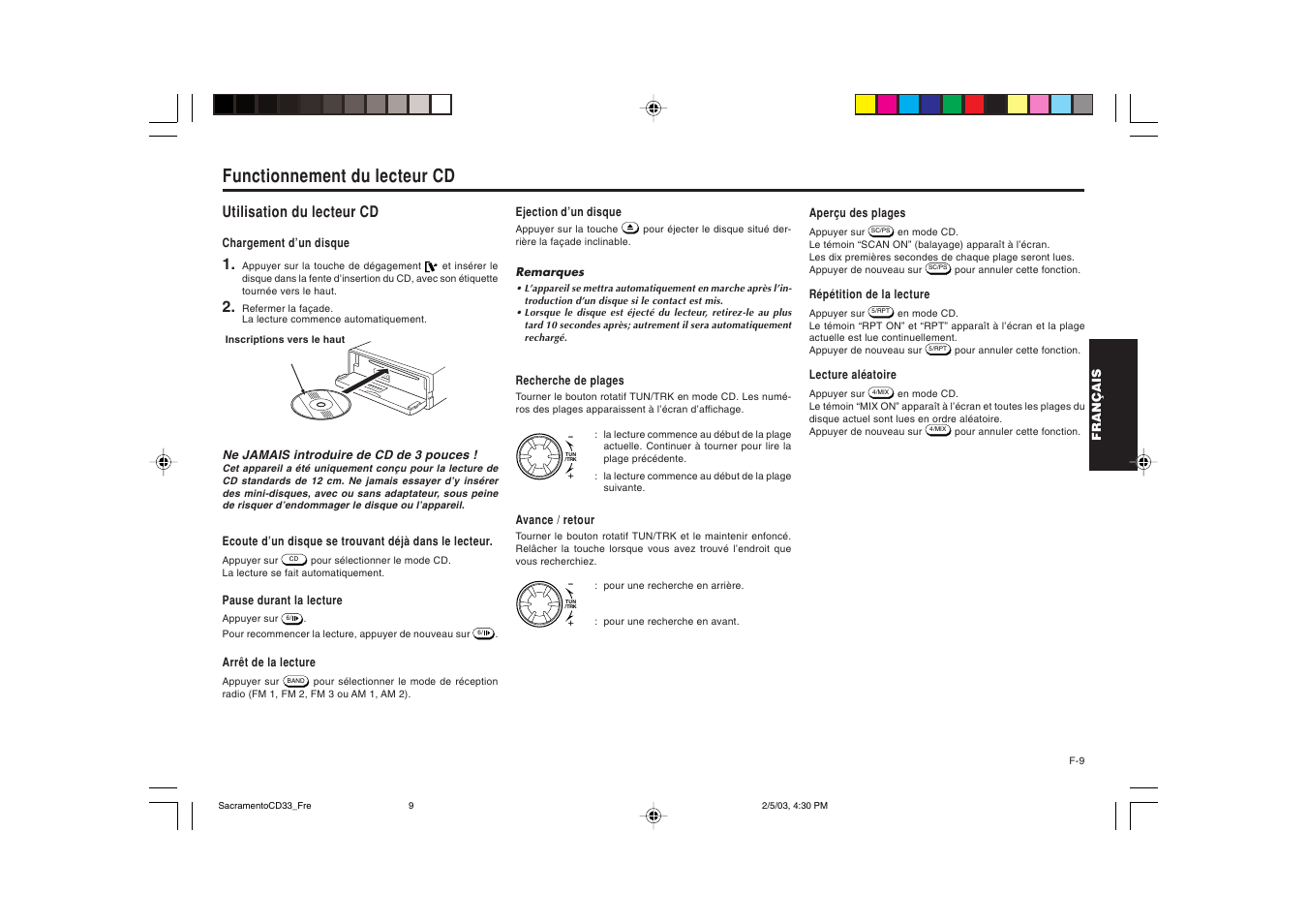 Functionnement du lecteur cd, Utilisation du lecteur cd | Blaupunkt Sacramento CD33 User Manual | Page 26 / 65