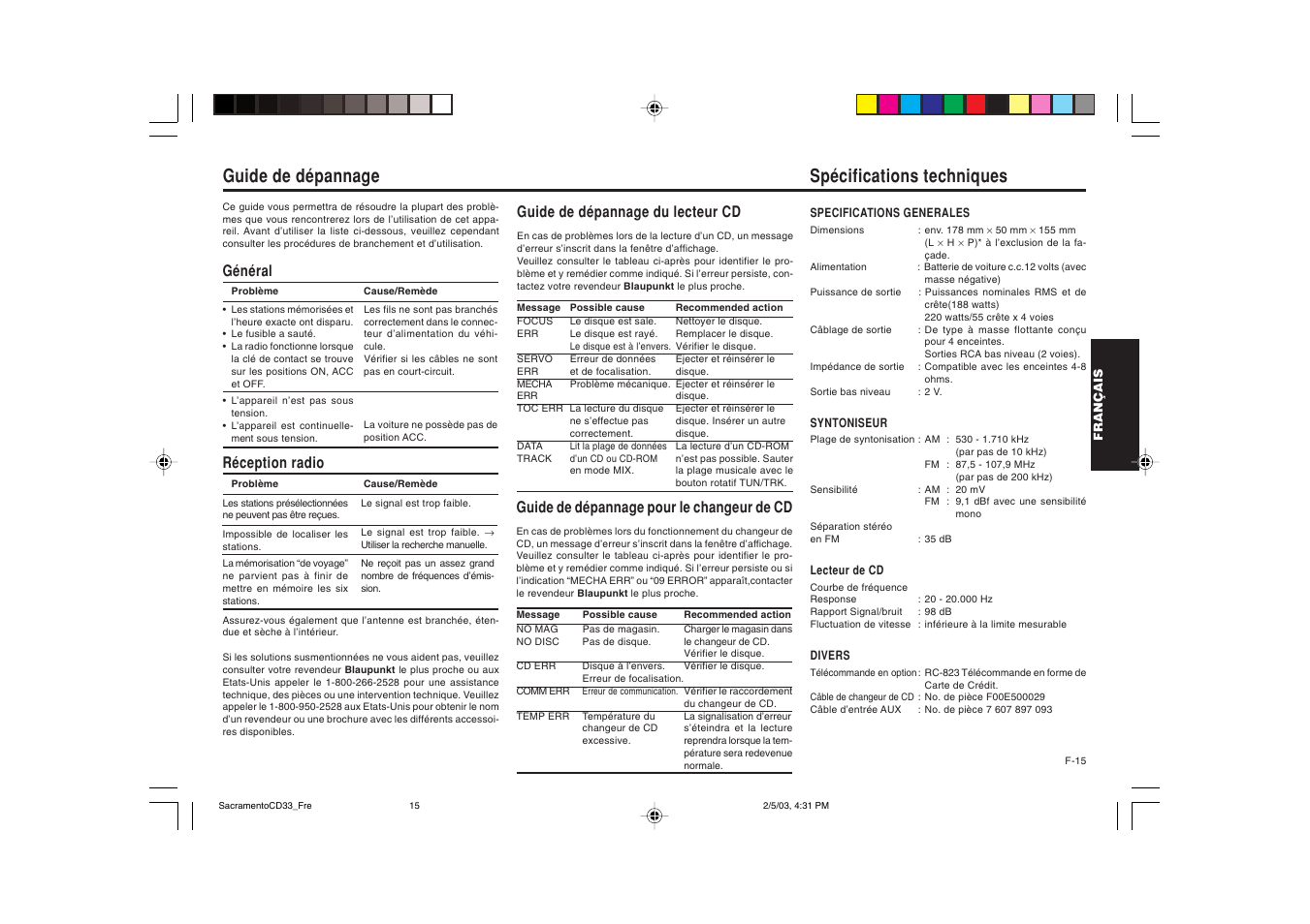 Spécifications techniques, Guide de dépannage, Général réception radio | Guide de dépannage du lecteur cd, Guide de dépannage pour le changeur de cd | Blaupunkt Sacramento CD33 User Manual | Page 32 / 65