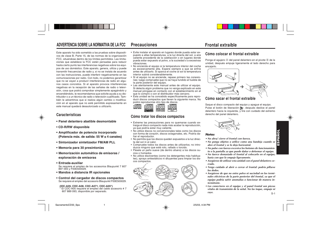 Precauciones, Advertencia sobre la normativa de la fcc, Frontal extraíble | Blaupunkt Sacramento CD33 User Manual | Page 34 / 65