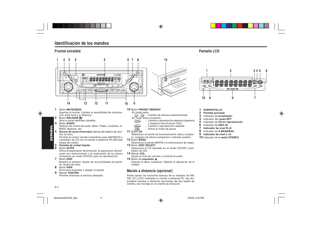 Identificación de los mandos, Mando a distancia (opcional), Frontal extraíble pantalla lcd | Blaupunkt Sacramento CD33 User Manual | Page 35 / 65