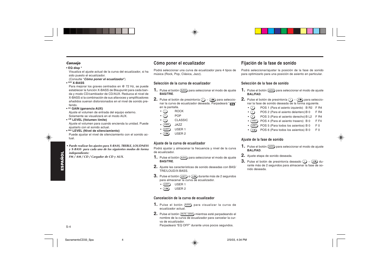 Cómo poner el ecualizador, Fijación de la fase de sonido | Blaupunkt Sacramento CD33 User Manual | Page 37 / 65