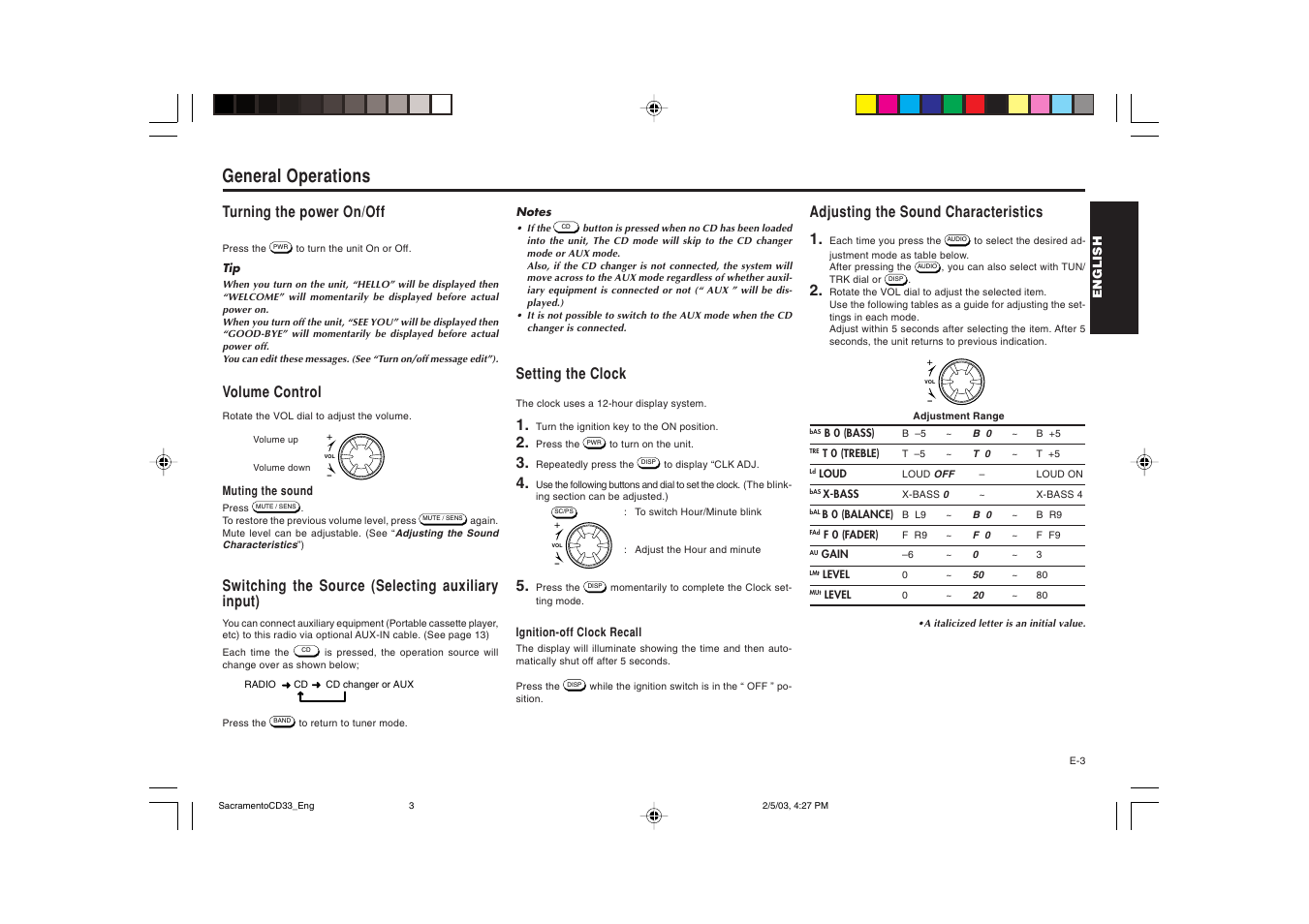 General operations, Turning the power on/off, Volume control | Switching the source (selecting auxiliary input), Setting the clock, Adjusting the sound characteristics 1 | Blaupunkt Sacramento CD33 User Manual | Page 4 / 65