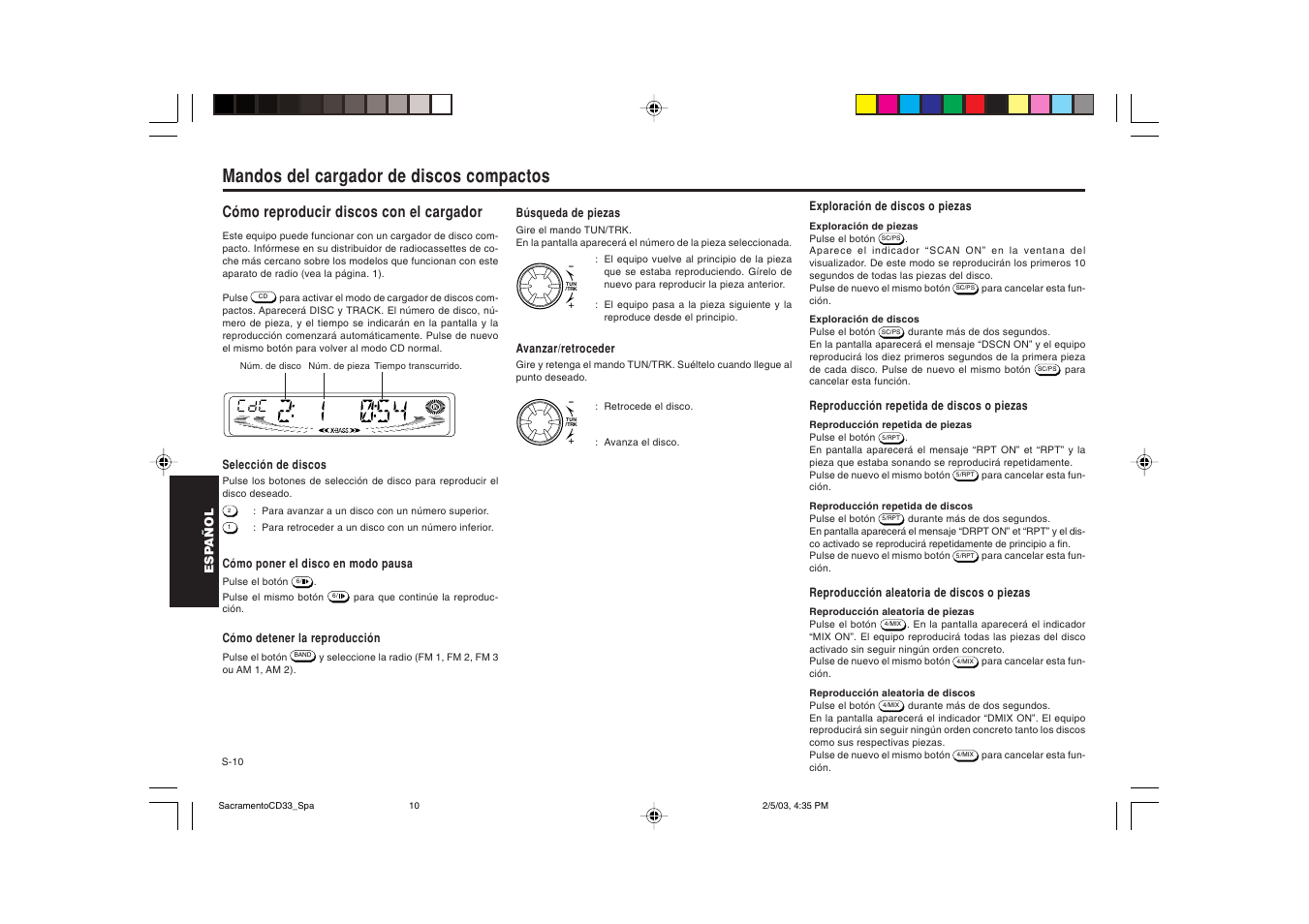 Mandos del cargador de discos compactos, Cómo reproducir discos con el cargador | Blaupunkt Sacramento CD33 User Manual | Page 43 / 65