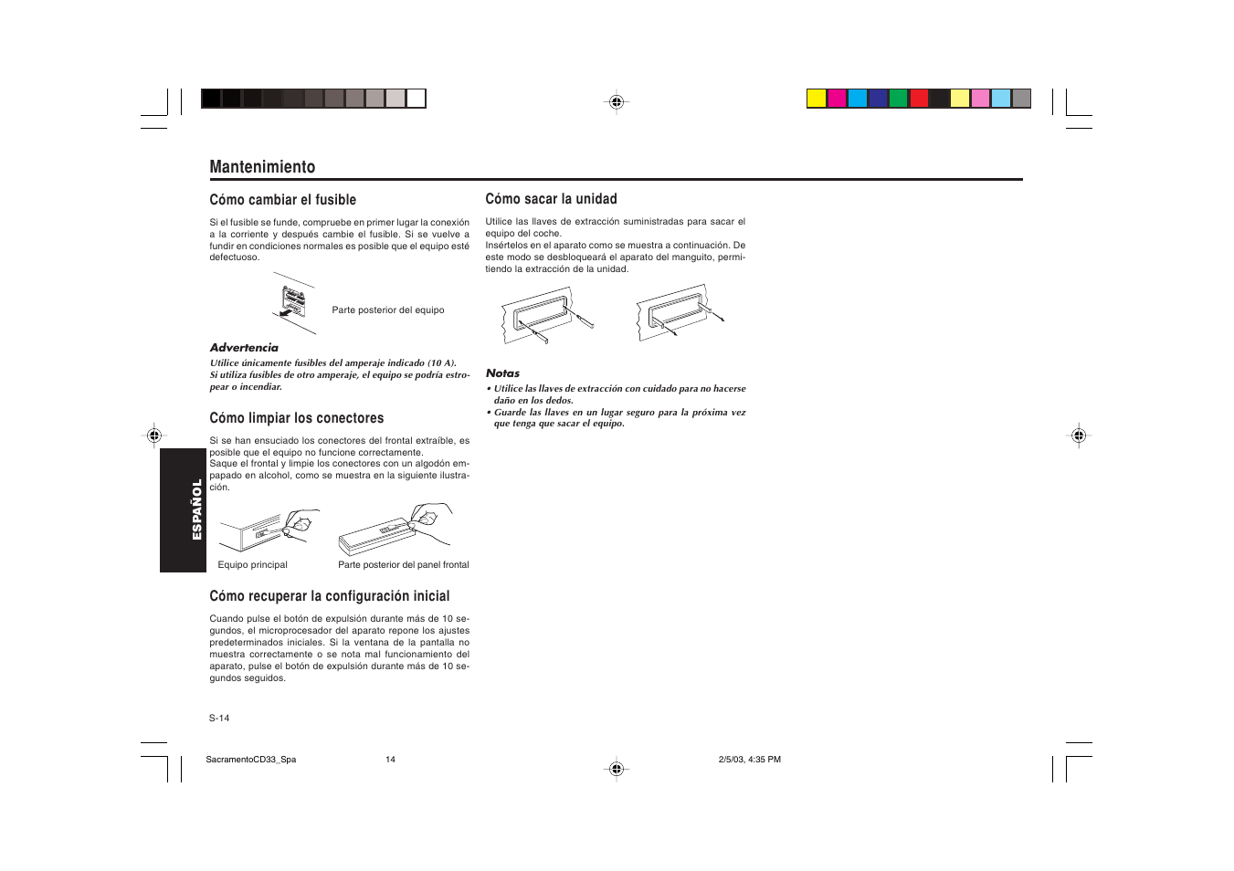 Mantenimiento | Blaupunkt Sacramento CD33 User Manual | Page 47 / 65