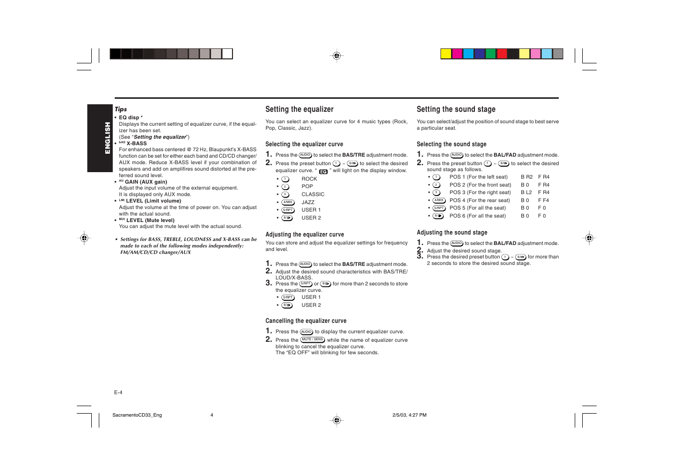 Setting the equalizer, Setting the sound stage | Blaupunkt Sacramento CD33 User Manual | Page 5 / 65