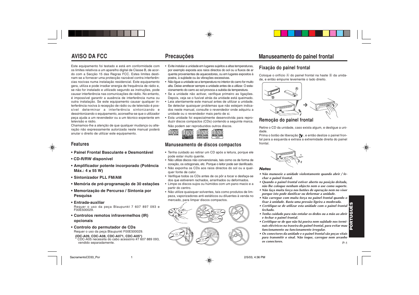 Precauções, Aviso da fcc, Manuseamento do painel frontal | Blaupunkt Sacramento CD33 User Manual | Page 50 / 65