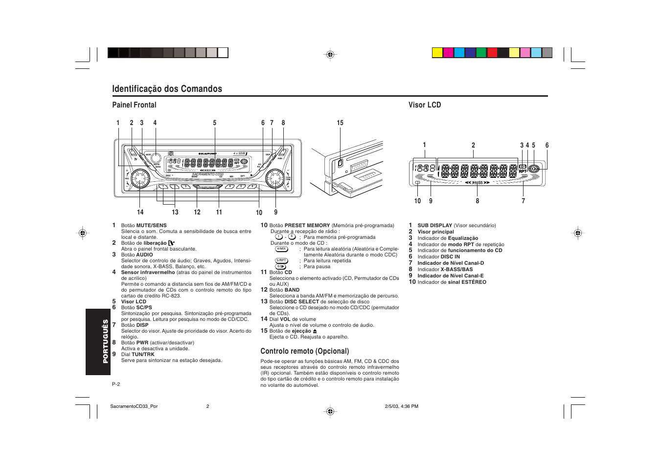 Identificação dos comandos, Controlo remoto (opcional), Painel frontal visor lcd | Blaupunkt Sacramento CD33 User Manual | Page 51 / 65