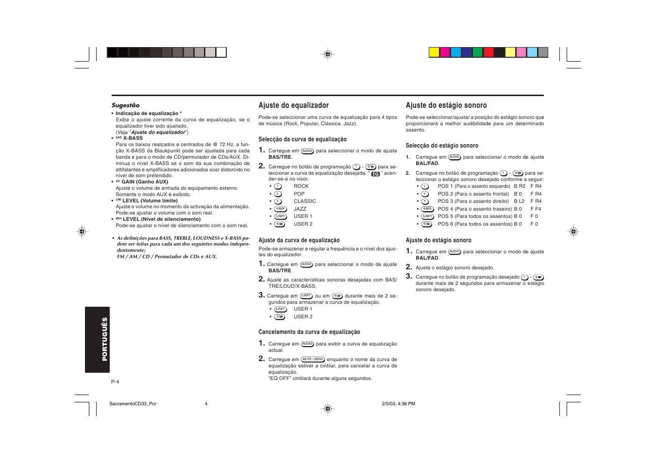 Ajuste do equalizador, Ajuste do estágio sonoro | Blaupunkt Sacramento CD33 User Manual | Page 53 / 65