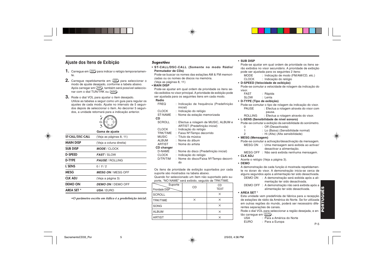 Ajuste dos itens de exibição 1 | Blaupunkt Sacramento CD33 User Manual | Page 54 / 65