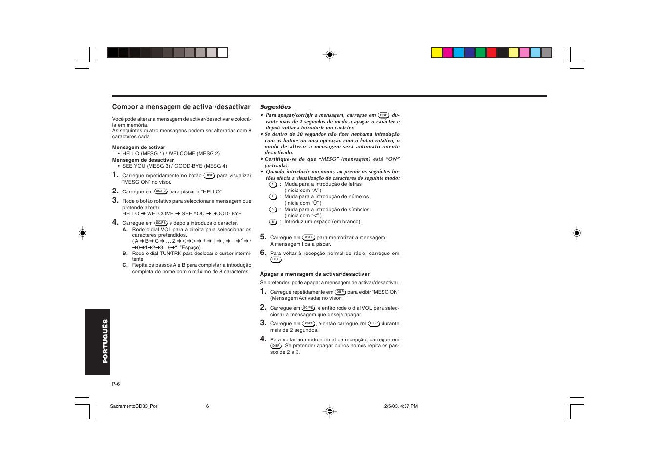 Compor a mensagem de activar/desactivar | Blaupunkt Sacramento CD33 User Manual | Page 55 / 65