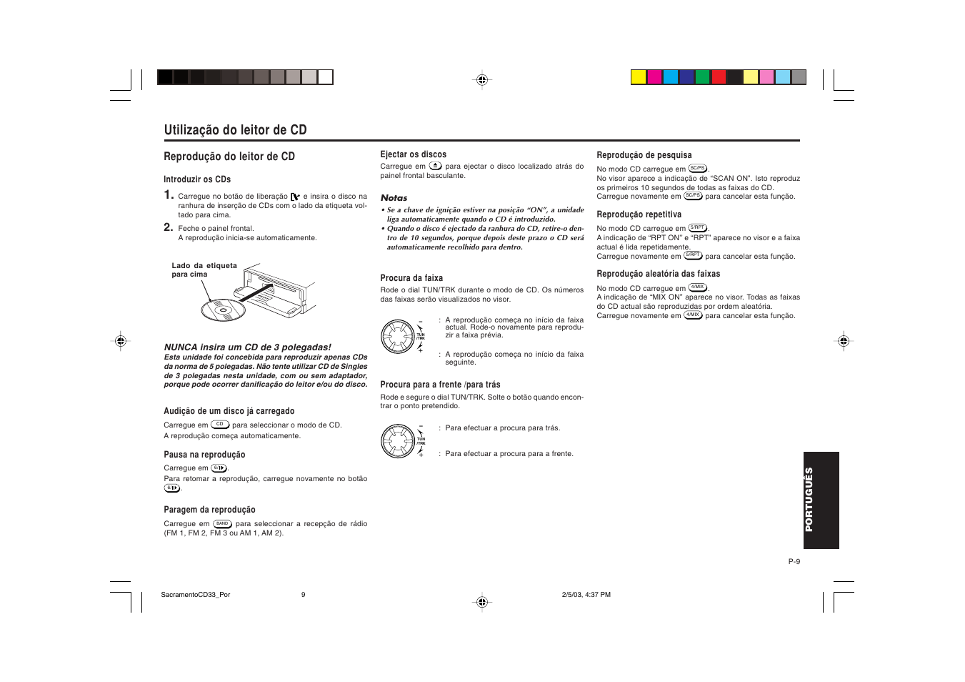 Utilização do leitor de cd, Reprodução do leitor de cd | Blaupunkt Sacramento CD33 User Manual | Page 58 / 65