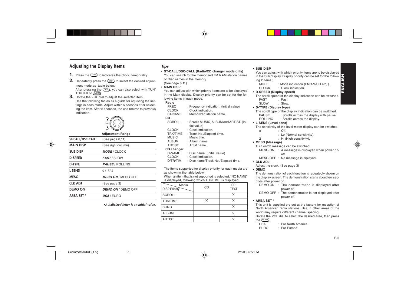 Adjusting the display items 1 | Blaupunkt Sacramento CD33 User Manual | Page 6 / 65