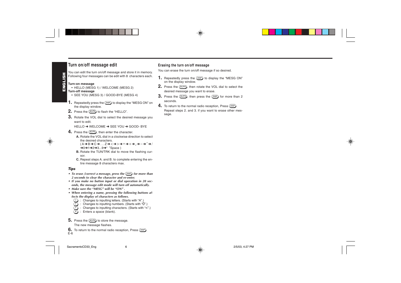 Turn on/off message edit | Blaupunkt Sacramento CD33 User Manual | Page 7 / 65