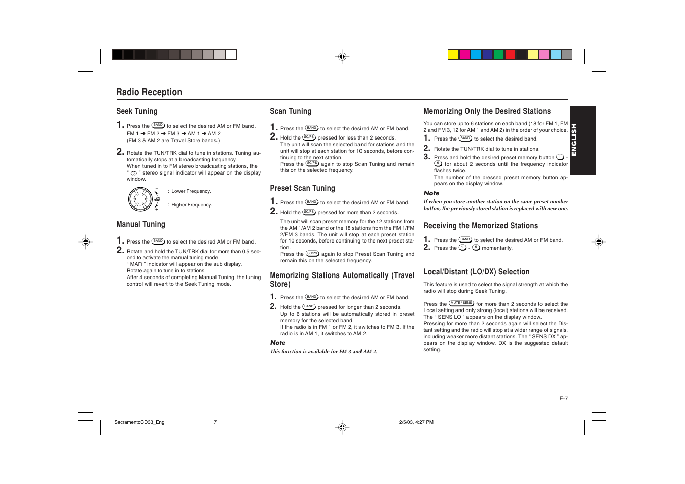 Radio reception, Seek tuning, Manual tuning | Scan tuning, Preset scan tuning, Local/distant (lo/dx) selection | Blaupunkt Sacramento CD33 User Manual | Page 8 / 65