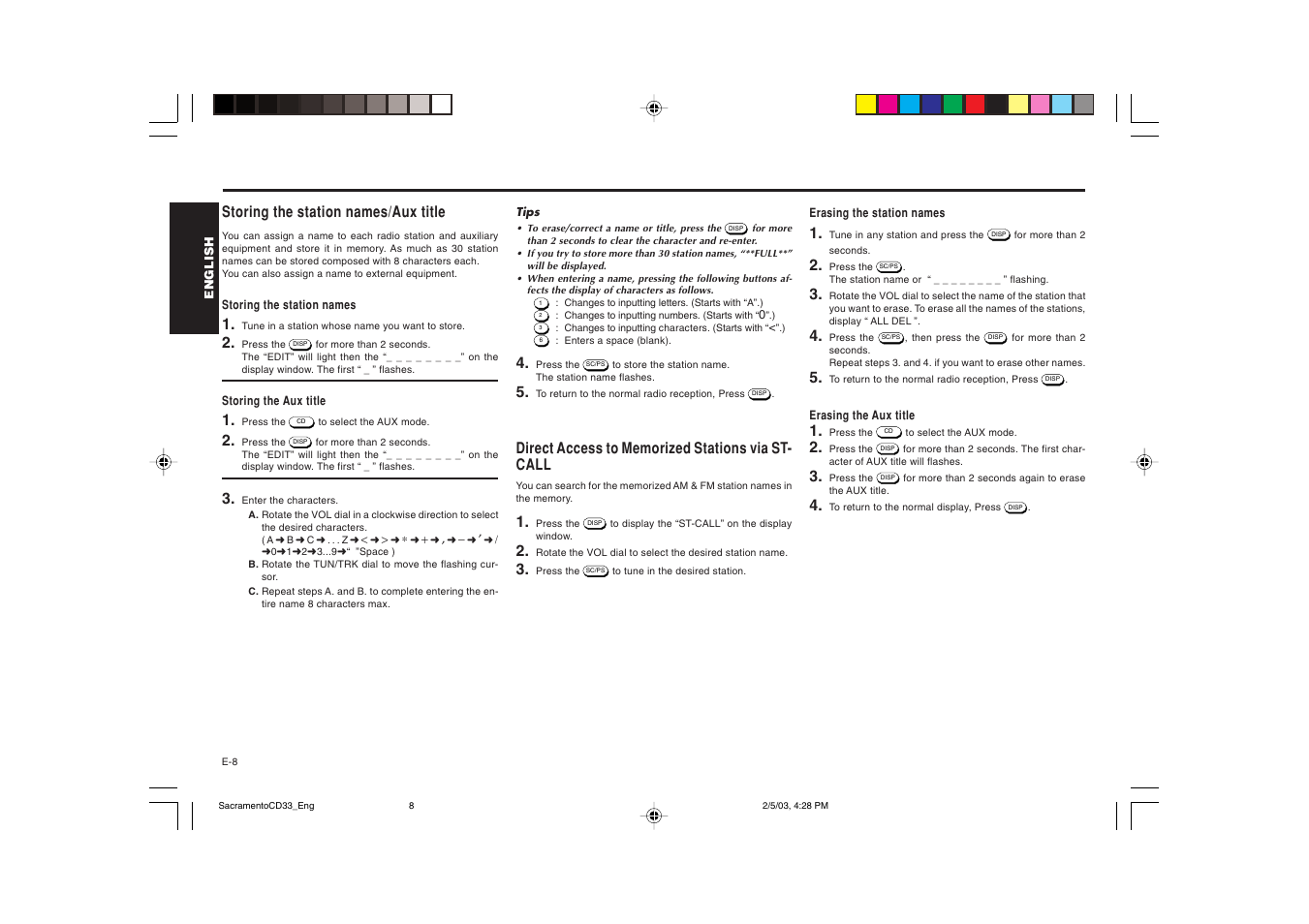 Storing the station names/aux title | Blaupunkt Sacramento CD33 User Manual | Page 9 / 65