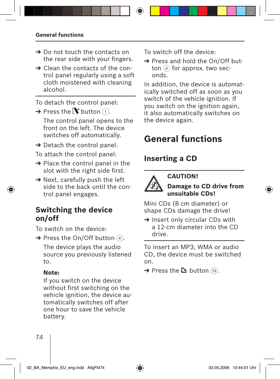 General functions, Switching the device on/off, Inserting a cd | Blaupunkt MEMPHIS MP66 7 646 520 310 User Manual | Page 10 / 77