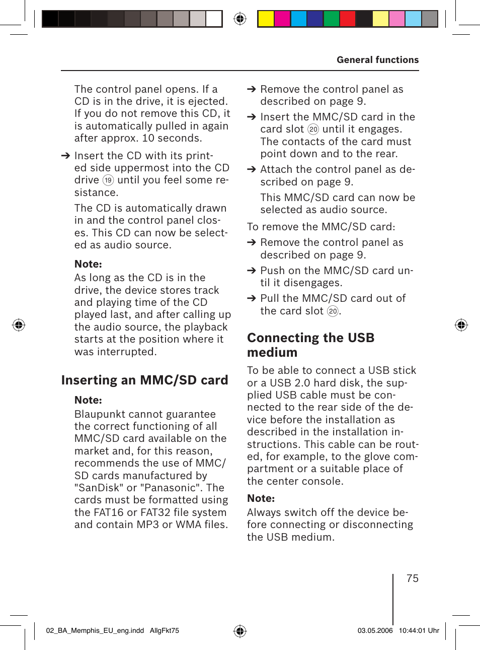 Inserting an mmc/sd card, Connecting the usb medium | Blaupunkt MEMPHIS MP66 7 646 520 310 User Manual | Page 11 / 77