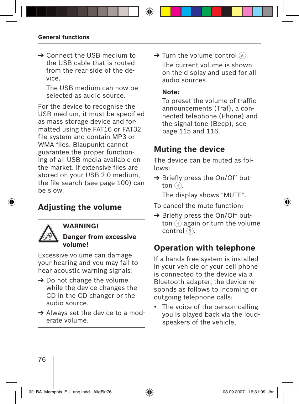 Adjusting the volume, Muting the device, Operation with telephone | Blaupunkt MEMPHIS MP66 7 646 520 310 User Manual | Page 12 / 77