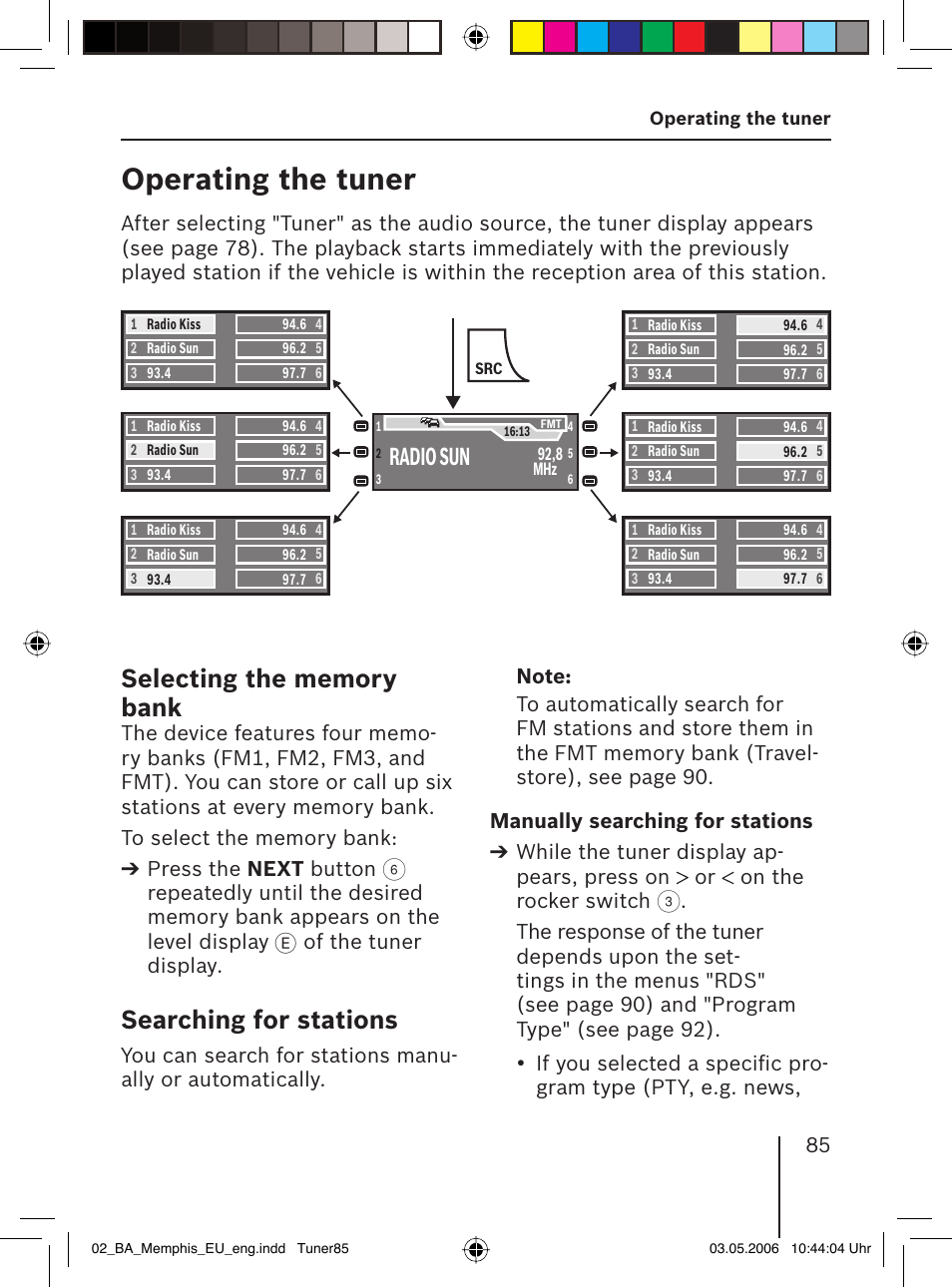 Operating the tuner, Searching for stations, Radio sun | Of the tuner display | Blaupunkt MEMPHIS MP66 7 646 520 310 User Manual | Page 21 / 77