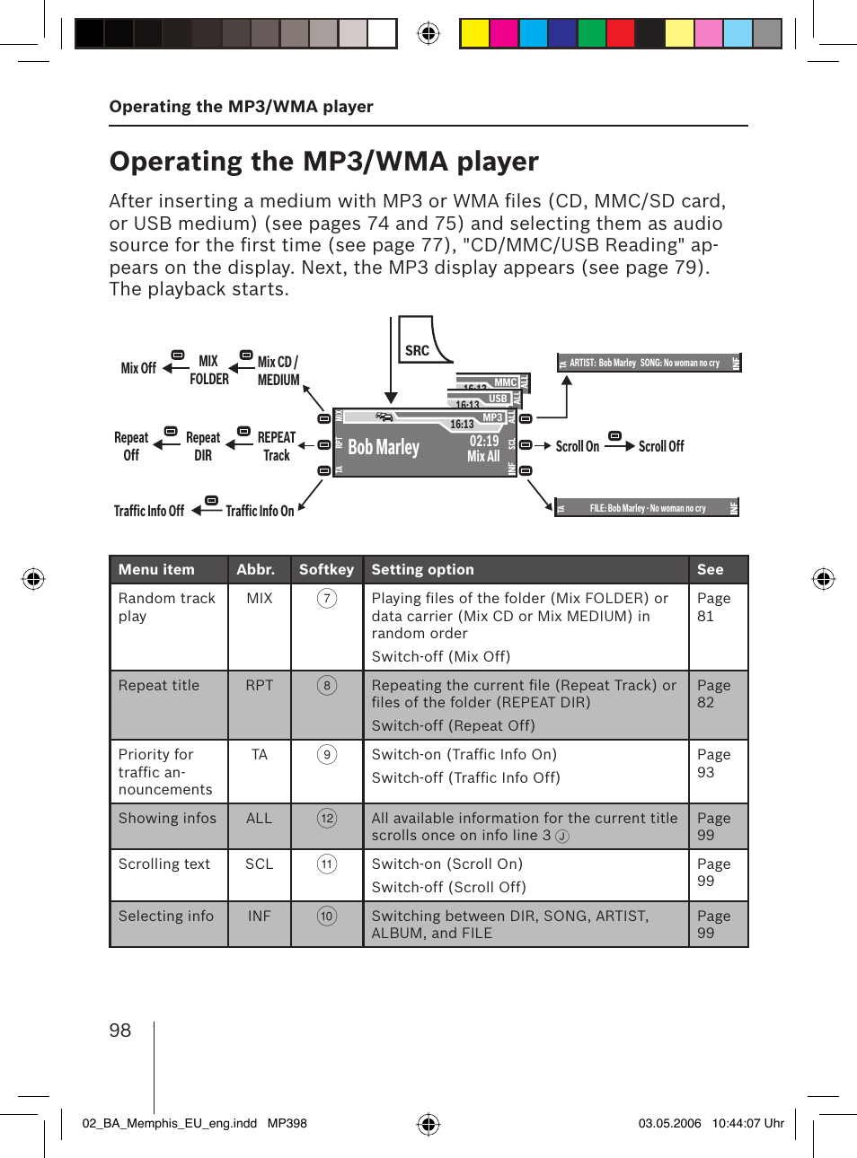 Operating the mp3/ wma player, Bob marley | Blaupunkt MEMPHIS MP66 7 646 520 310 User Manual | Page 34 / 77