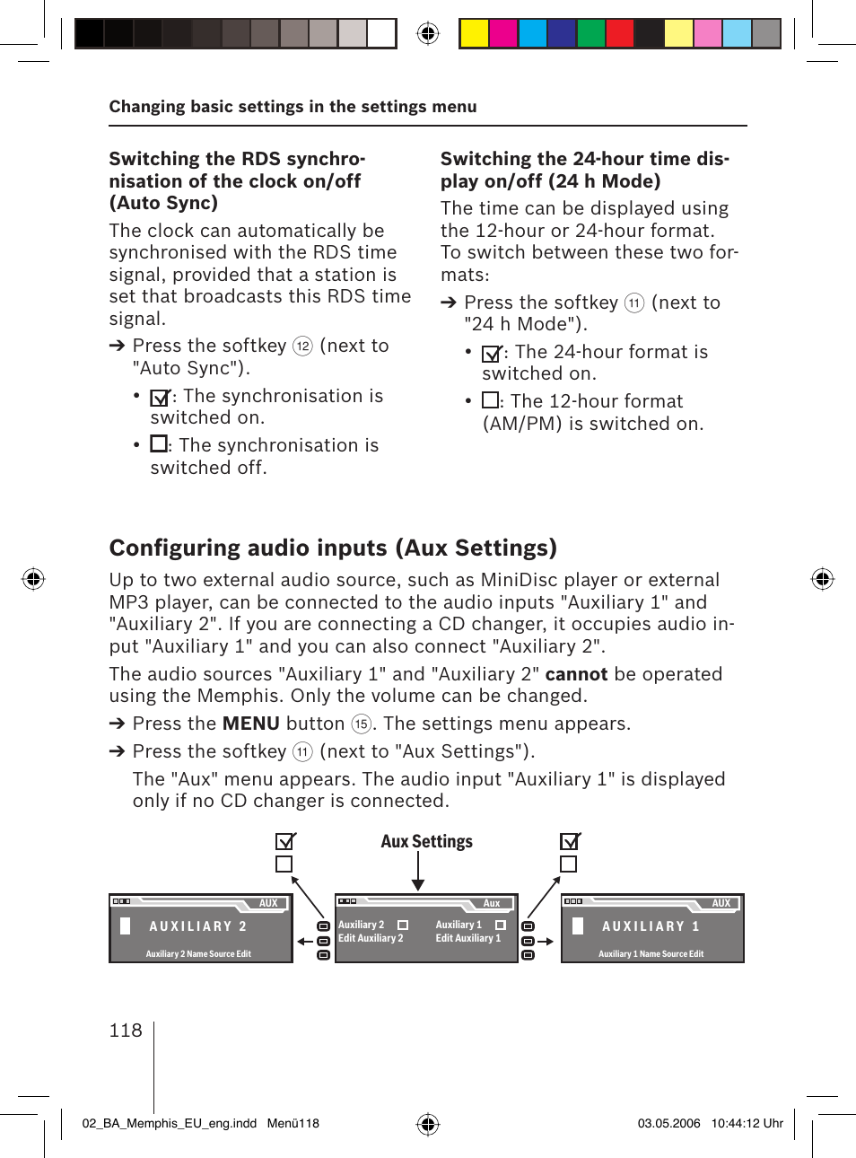 Conﬁ guring audio inputs ( aux settings) | Blaupunkt MEMPHIS MP66 7 646 520 310 User Manual | Page 54 / 77