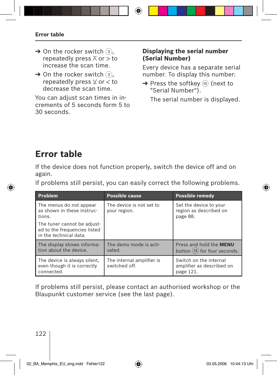 Error table | Blaupunkt MEMPHIS MP66 7 646 520 310 User Manual | Page 58 / 77