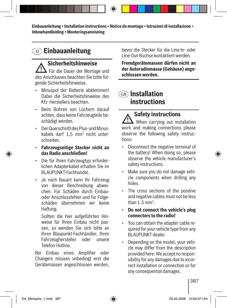 Einbauanleitung, Installation instructions, Sicherheitshinweise | Safety instructions | Blaupunkt MEMPHIS MP66 7 646 520 310 User Manual | Page 66 / 77