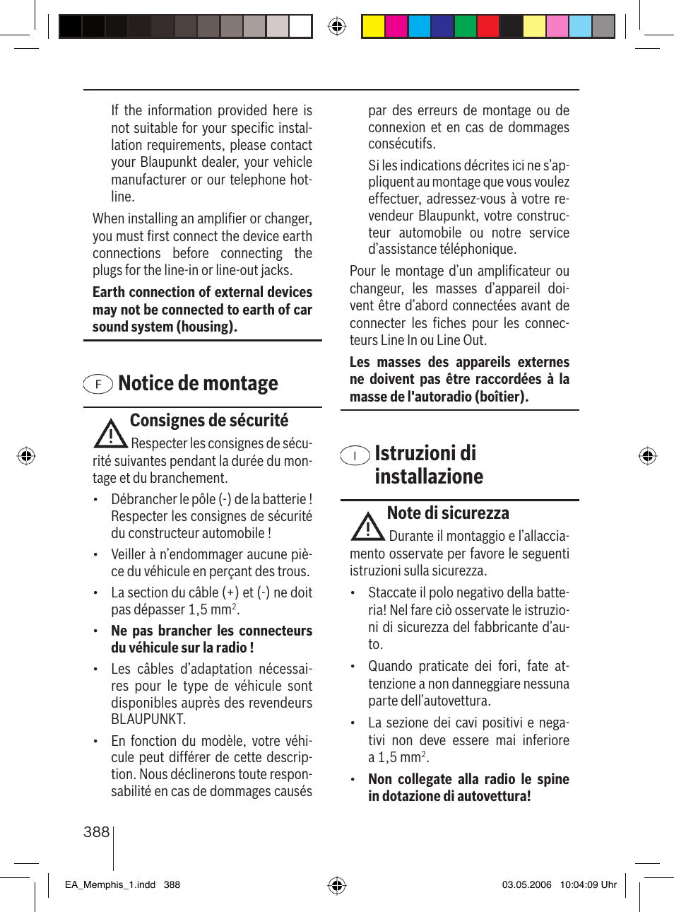 Notice de montage, Istruzioni di installazione, Consignes de sécurité | Blaupunkt MEMPHIS MP66 7 646 520 310 User Manual | Page 67 / 77